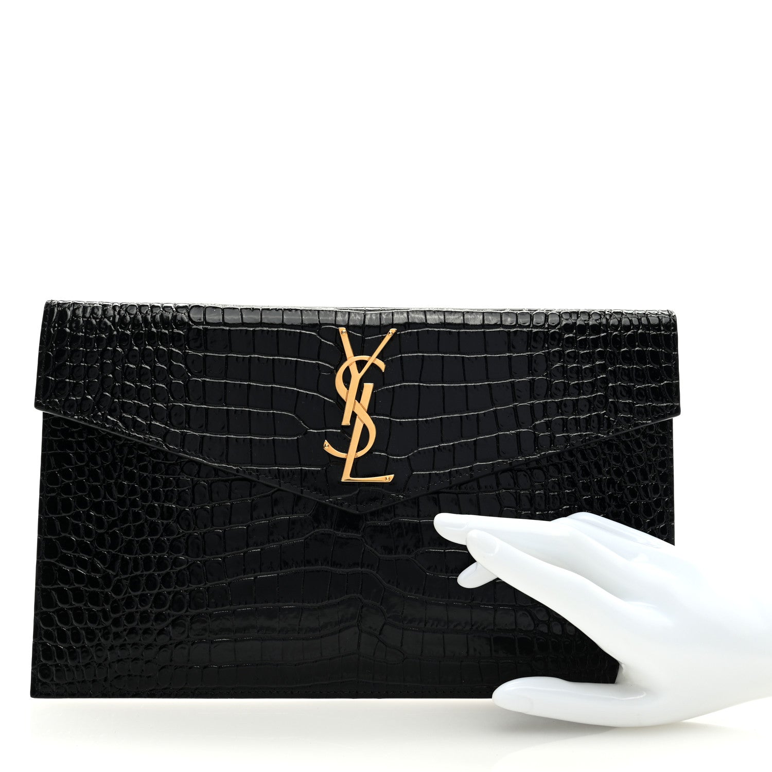Saint Laurent Calfskin Crocodile Embossed Uptown Monogram Pouch Black 2 of 6