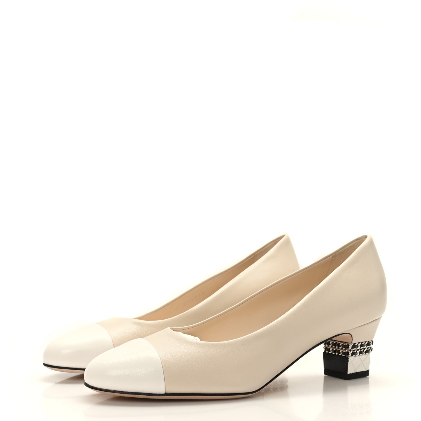 Lambskin CC Cap Toe Chain Pumps 41 Light Beige White
