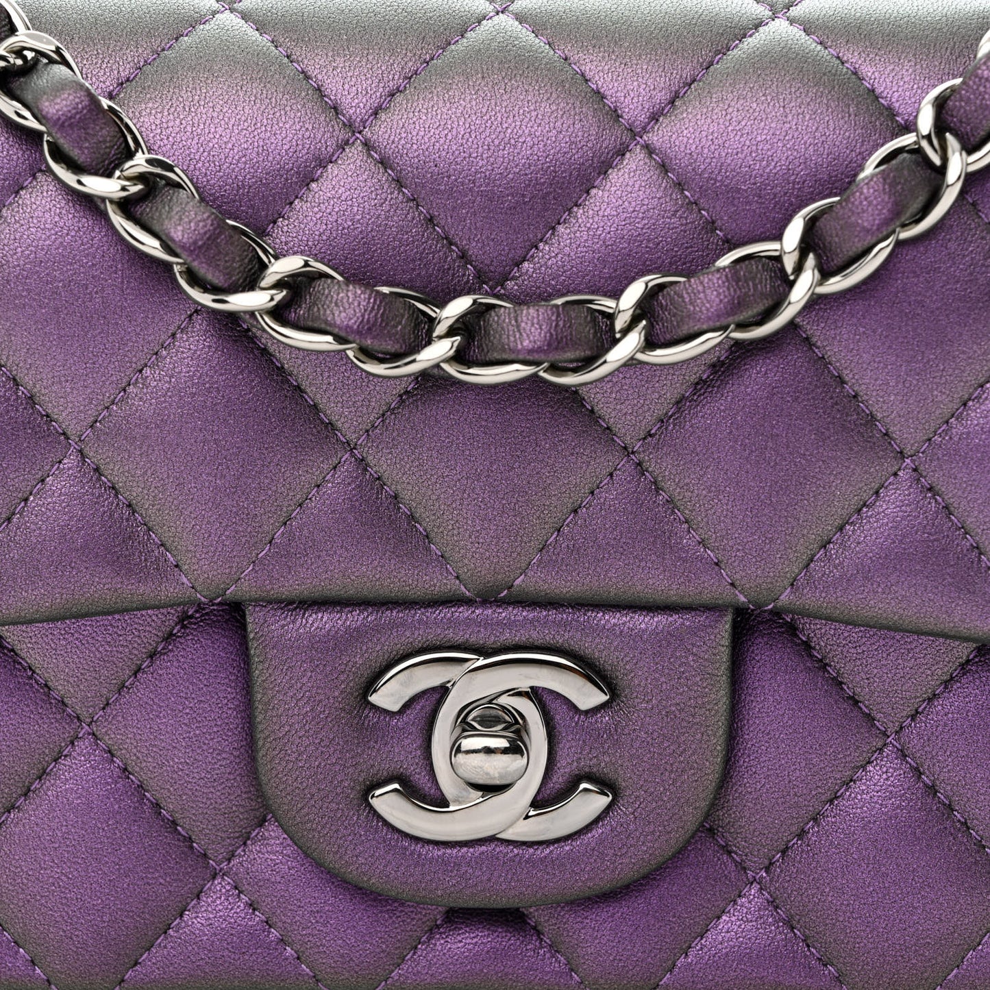 Iridescent Lambskin Quilted Mini Rectangular Flap Dark Purple