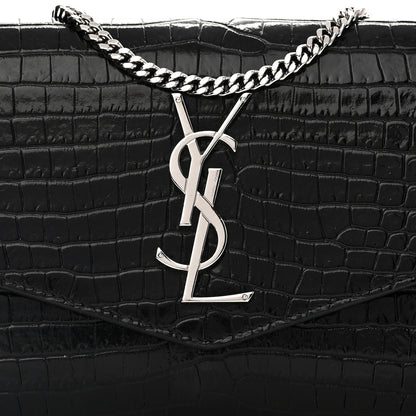 Saint Laurent Calfskin Crocodile Embossed Monogram Uptown Chain Wallet Black 8 of 11
