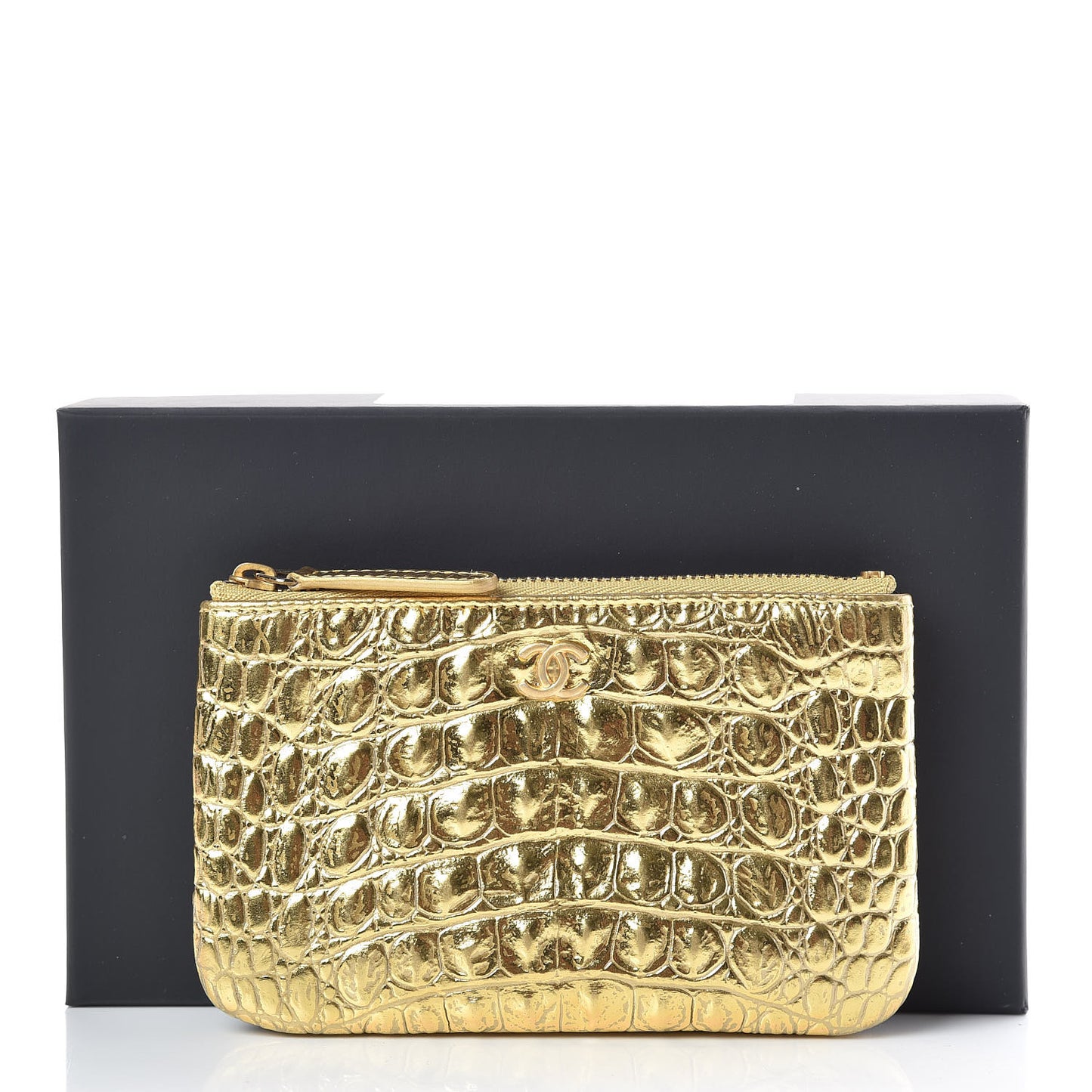 Metallic Calfskin Crocodile Embossed Cocodile Cosmetic Case Gold