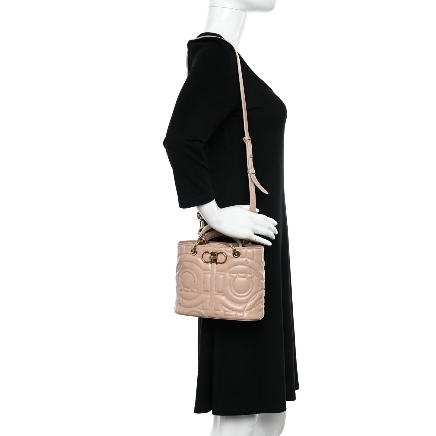 Calfskin Embossed Logo Plaque Gancini Tote Beige