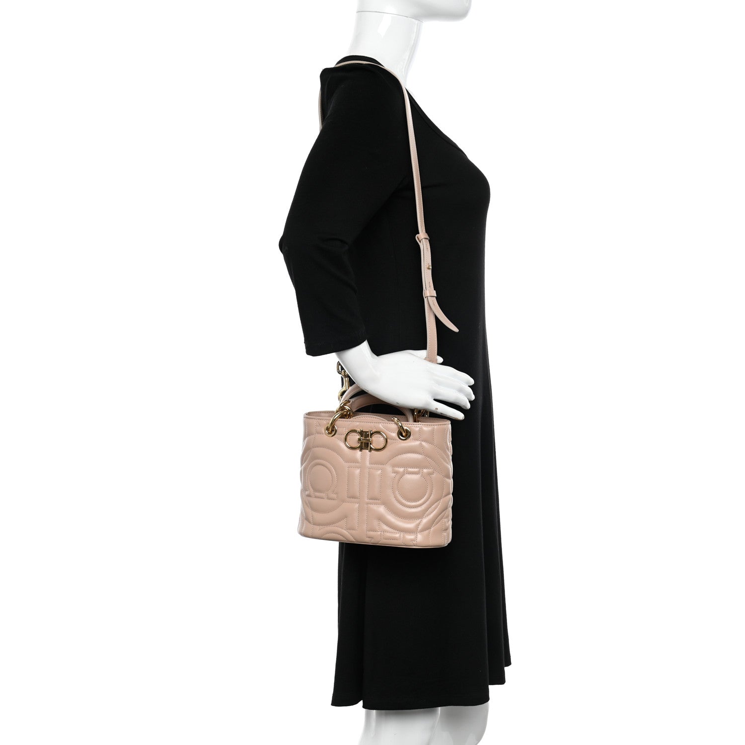 Salvatore Ferragamo Calfskin Embossed Logo Plaque Gancini Tote Beige 2 of 10