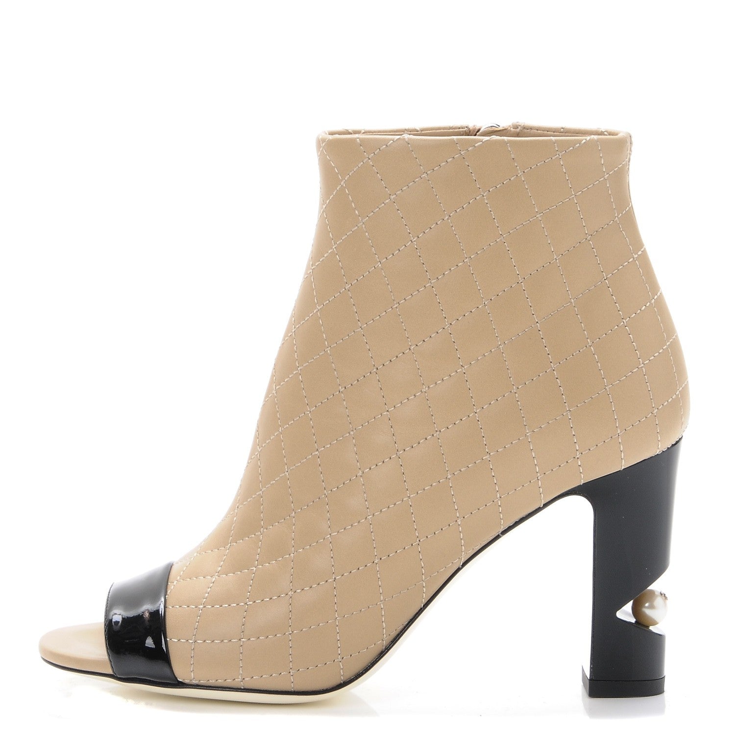 Chanel Calfskin Quilted Patent Short Boots 35.5 Beige Black 1 of 2