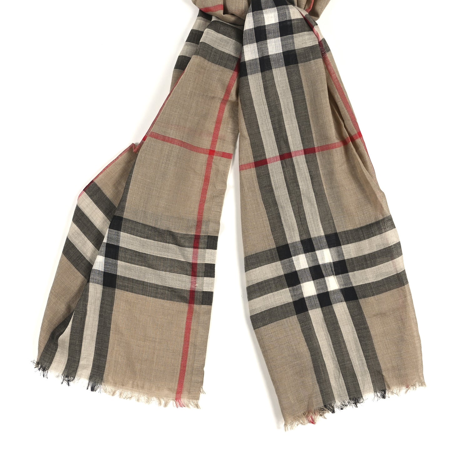 Wool Silk Gauze Giant Check Lightweight Scarf Camel