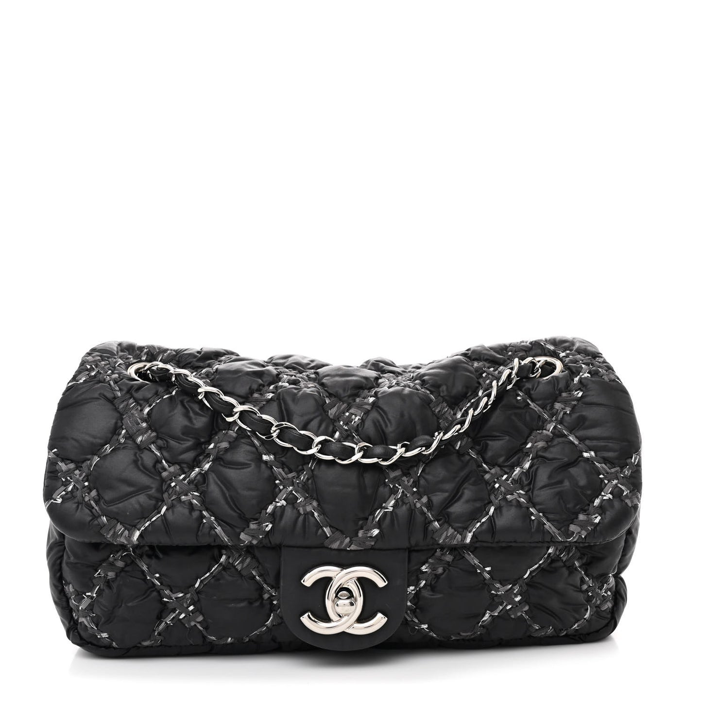 Nylon Quilted Tweed Stitch Medium Bubble Flap Black