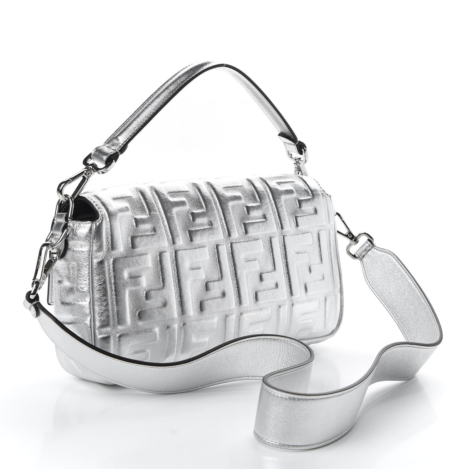 Fendi Vitello Catalan Mirror FF 1974 Embossed Baguette Argento 3 of 10