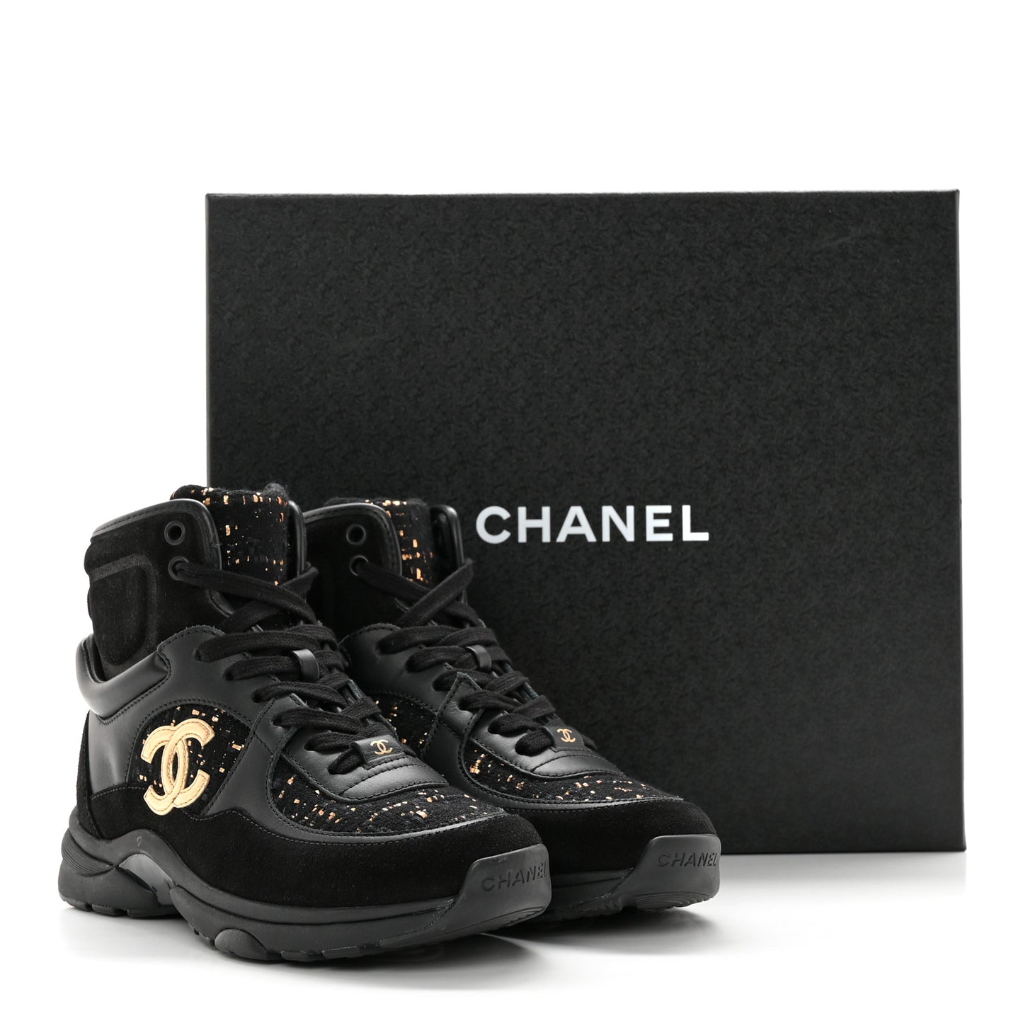 Velour Tweed CC High Top Sneakers 35 Black Gold