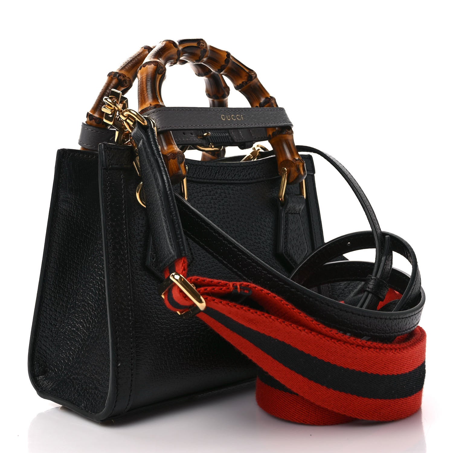 Gucci Textured Dollar Calfskin Web Mini Diana Tote Bag Black 3 of 9