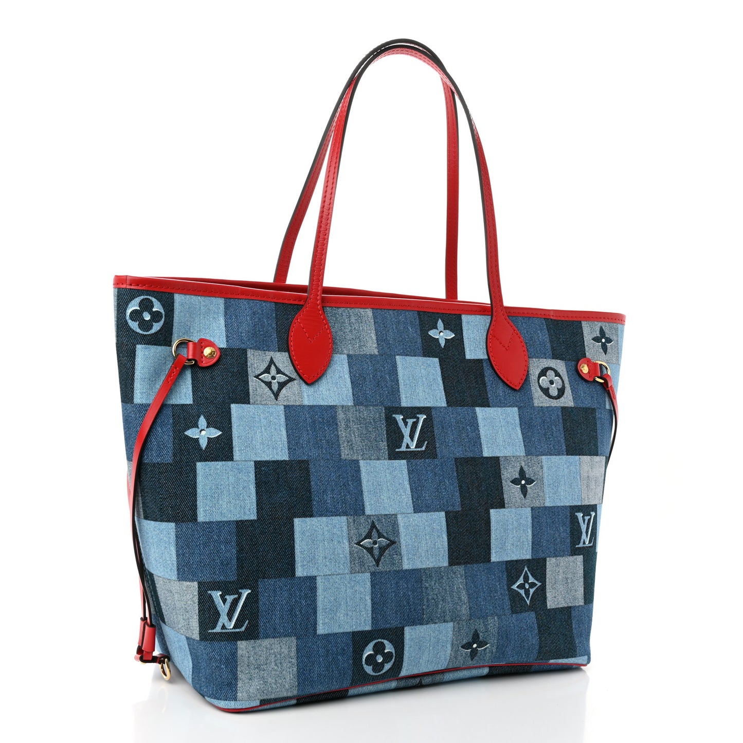 Denim Damier Monogram Patchwork Neverfull Blue Rouge