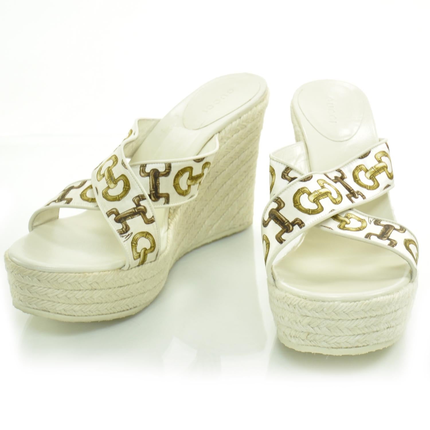 Gucci Bamboo Horsebit Print Espadrille Wedge Sandals 8.5 1 of 8