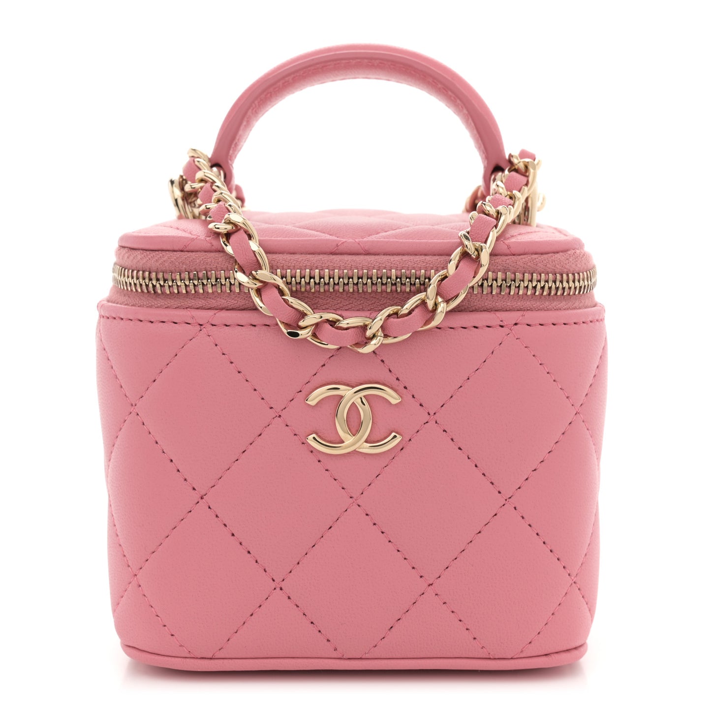 Lambskin Quilted Top Handle Mini Vanity Case With Chain Pink