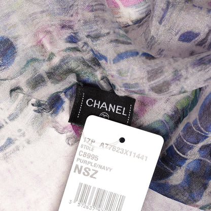 Chanel Cashmere Silk CC Scarf Purple Navy 4 of 5