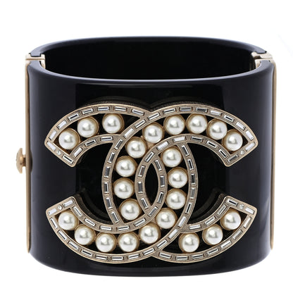Chanel Resin Baguette Crystal Pearl CC Cuff Black 1 of 6