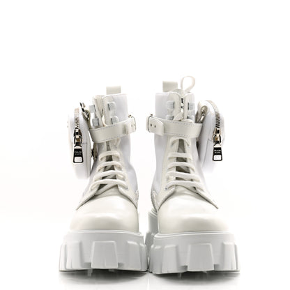Prada Spazzolato Rois Re-Nylon Metal Triangle Logo Monolith Pouch Pocket 60mm Combat Boots 35.5 White 2 of 10
