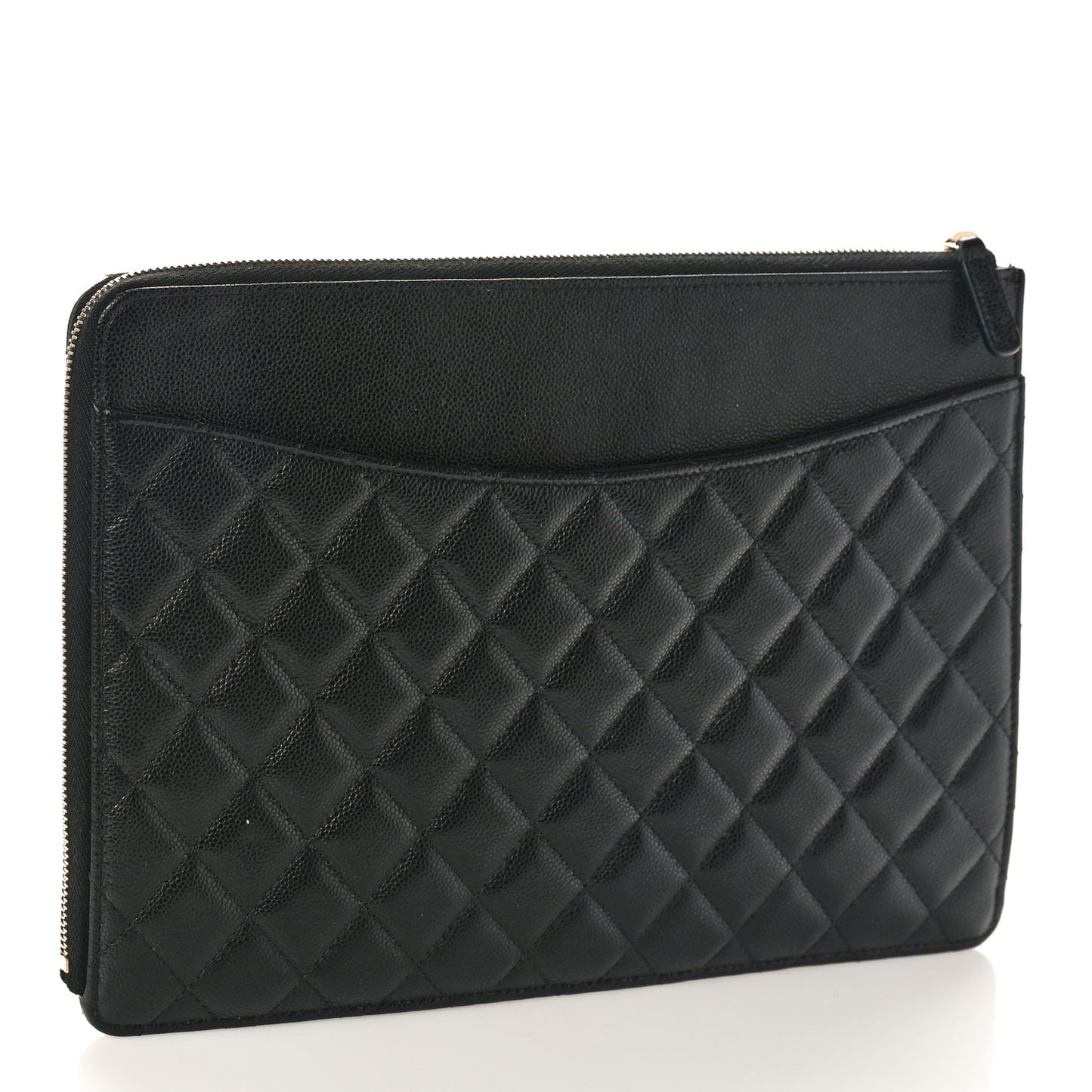 Caviar Quilted Large Flap Zip Clutch Black