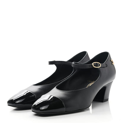 Chanel Patent Lambskin Cap Toe Mary Jane Mid Heel Strap Pumps 36 Black 5 of 20