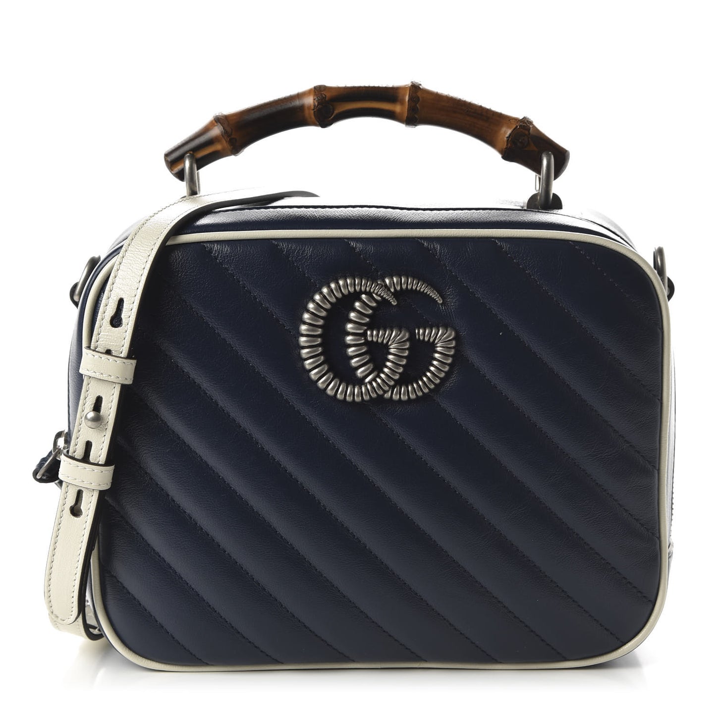 Vintage Effect Calfskin Matelasse Diagonal Small Torchon GG Marmont Bamboo Top Handle Shoulder Bag Blue Agata Mystic White