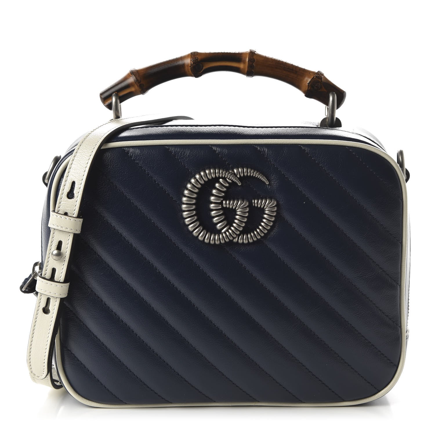 Gucci Vintage Effect Calfskin Matelasse Diagonal Small Torchon GG Marmont Bamboo Top Handle Shoulder Bag Blue Agata Mystic White 1 of 10