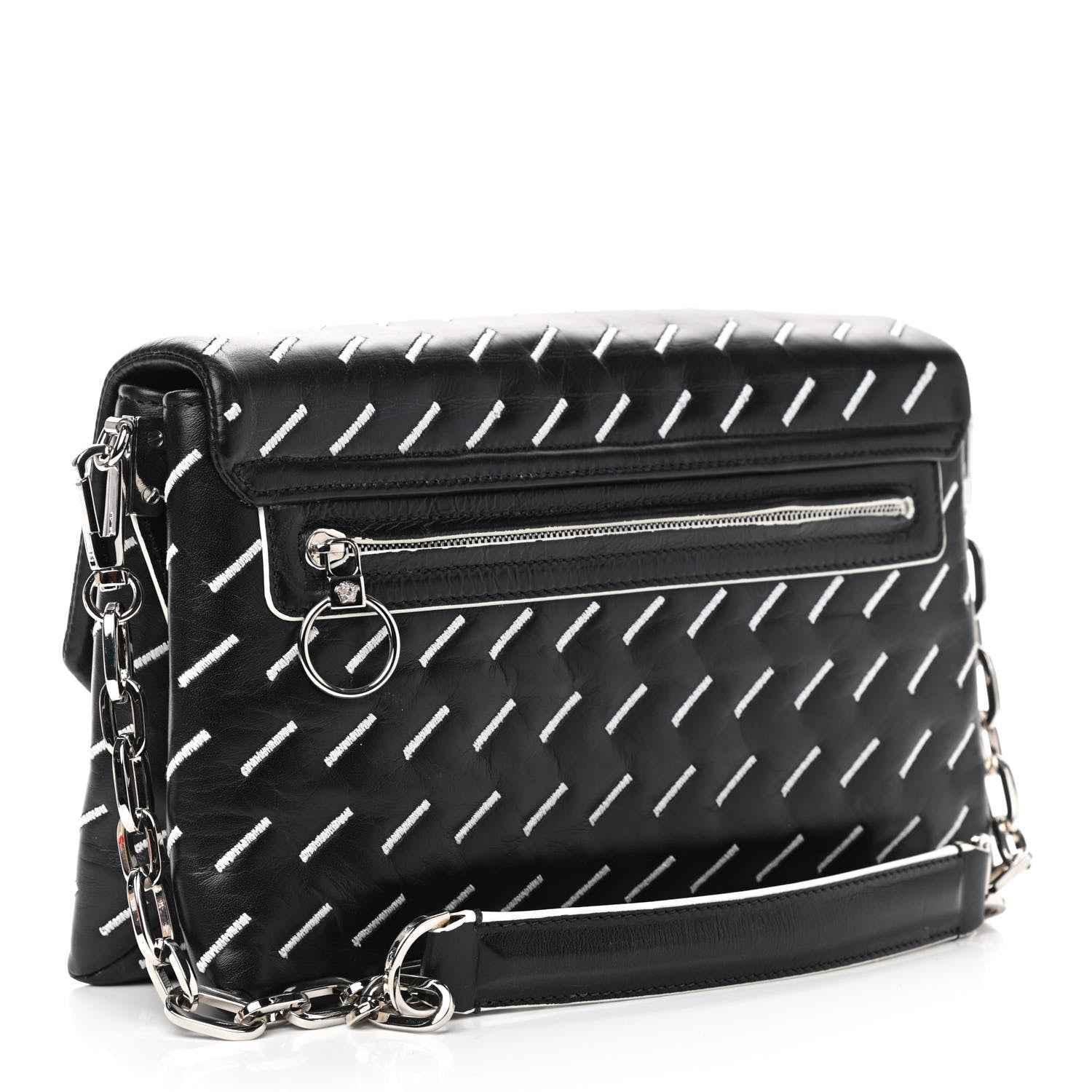 Versace Calfskin Embroidered Chain Shoulder Bag Black White 3 of 9