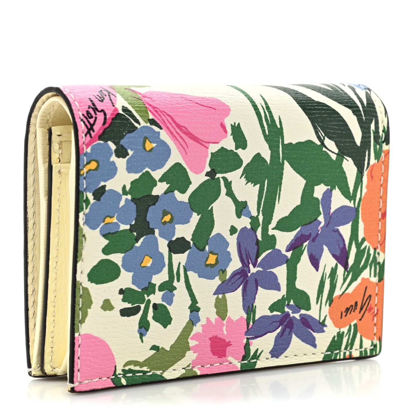 X KEN SCOTT New Shangai Calfskin Jardin D'Avril Floral Print Horsebit 1955 Card Case Wallet Ivory Pink