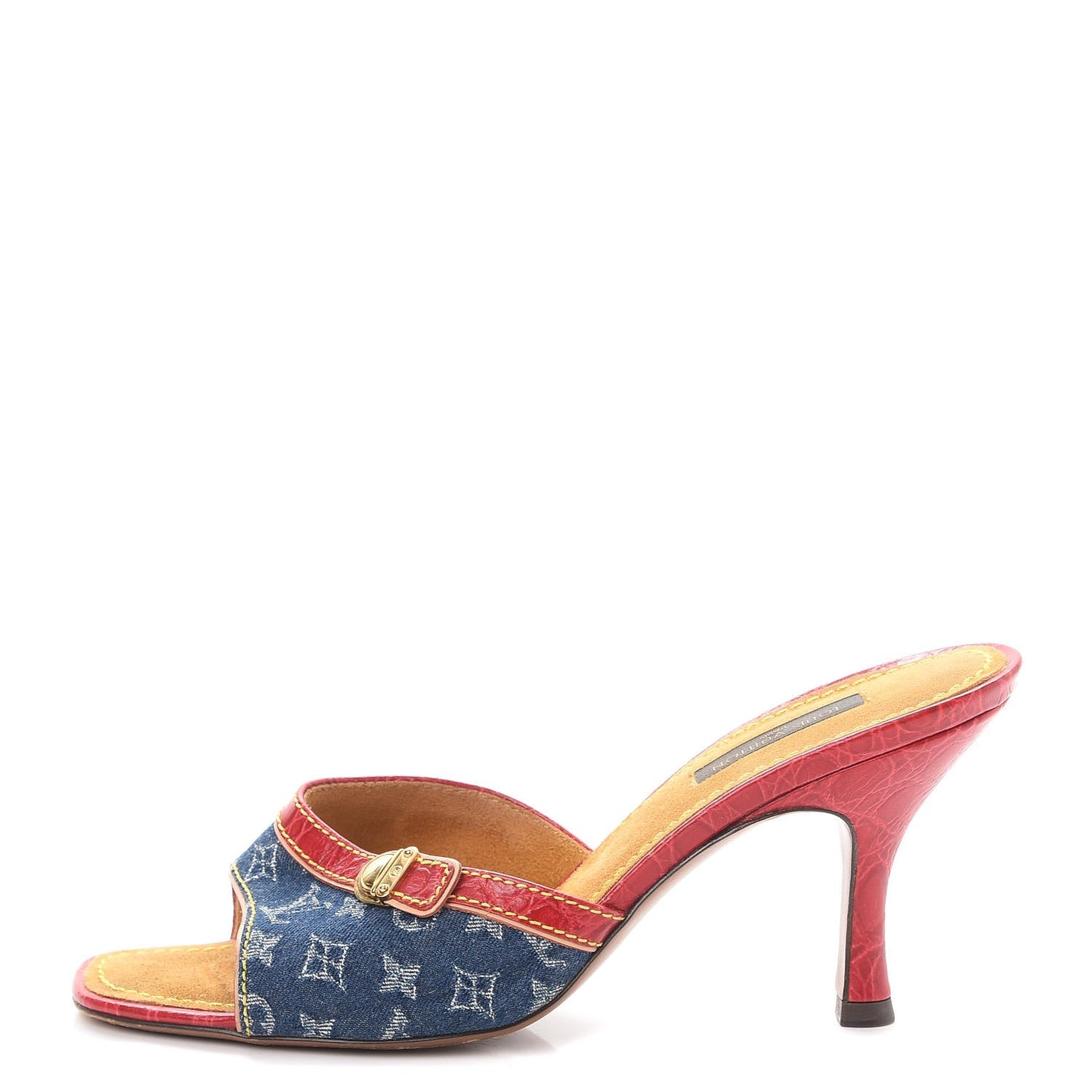 Denim Monogram Mules Peep Toe Heels 37 Blue Red