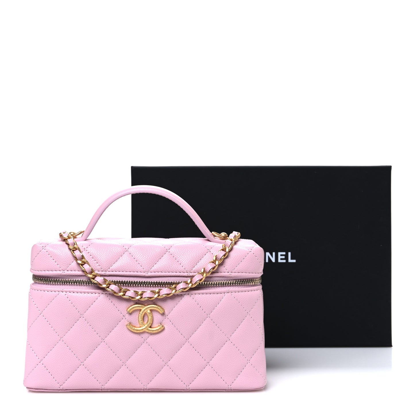 Caviar Quilted Textured CC Top Handle Slim Vanity With Chain Light Pink