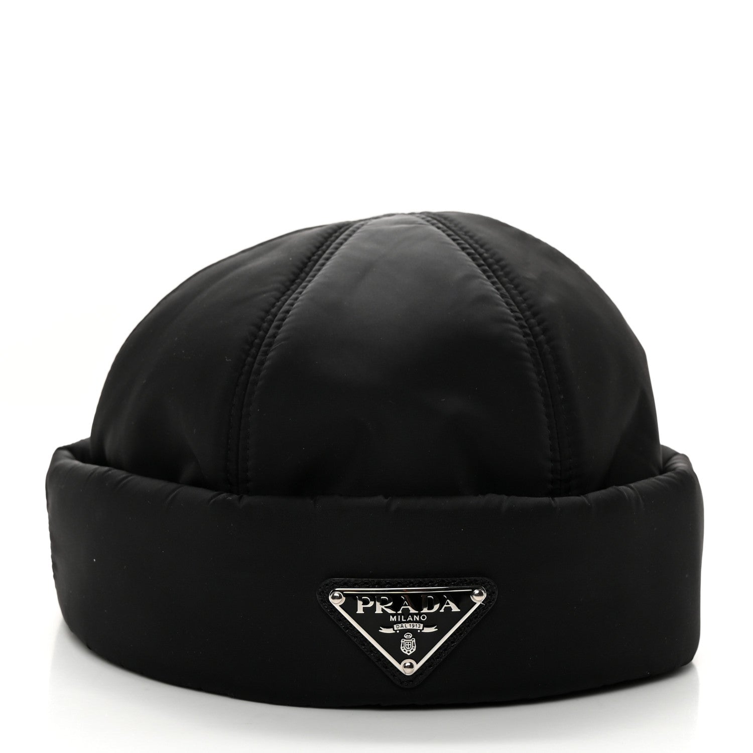 Prada Re-Nylon Padded Metal Triangle Logo Mens Beanie L Black 5 of 9
