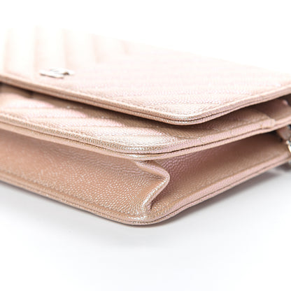 Chanel Metallic Caviar Chevron Quilted Wallet On Chain WOC Light Gold 10 of 11