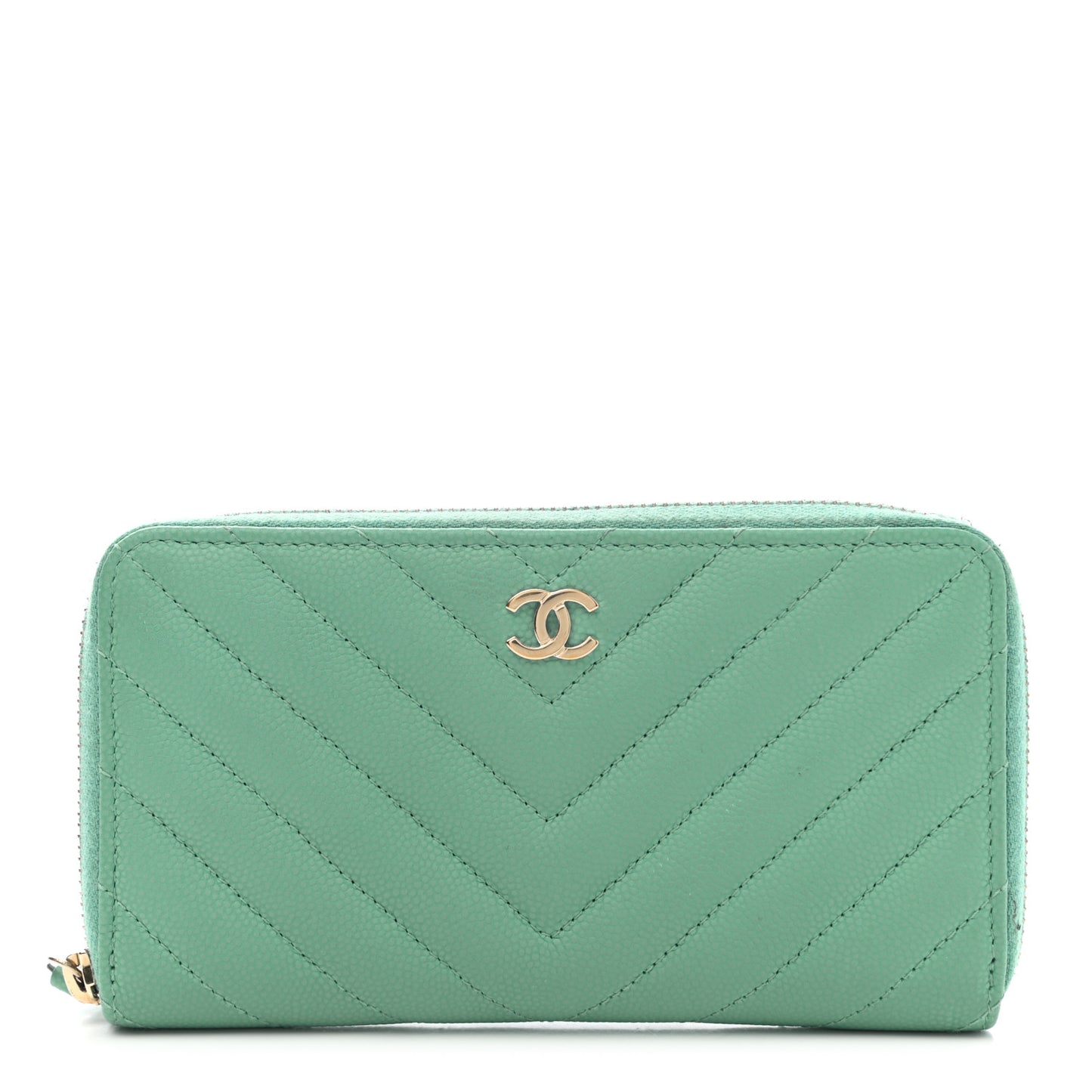Caviar Chevron Quilted Small Zip Around Wallet Green
