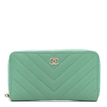 Chanel Caviar Chevron Quilted Small Zip Around Wallet Green 1 of 10