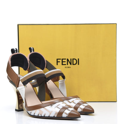 Fendi PVC Vitello FF Colibri 85mm Slingback Pumps 41 Transparent White Cuoio Avana 9 of 9