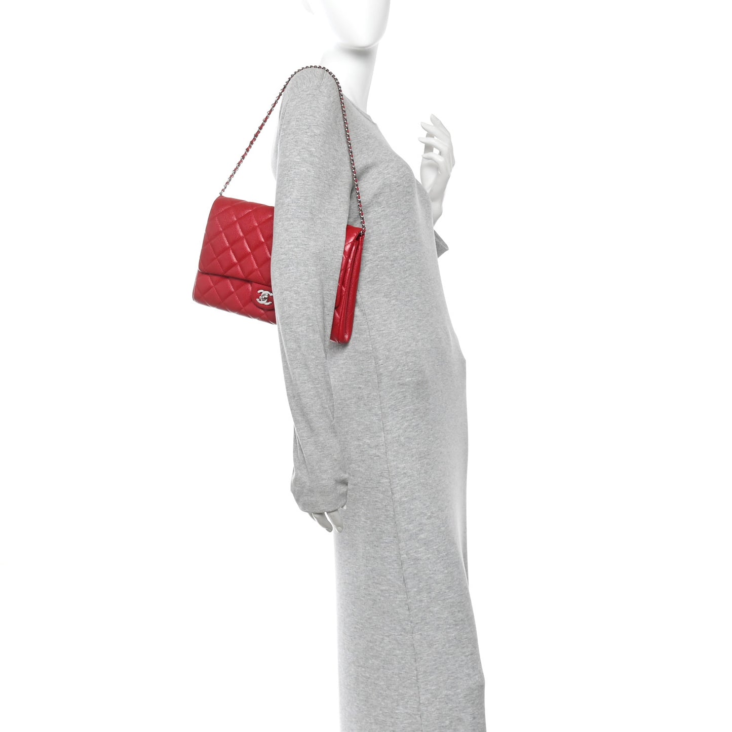 Iridescent Caviar Quilted Clutch With Chain Flap Red