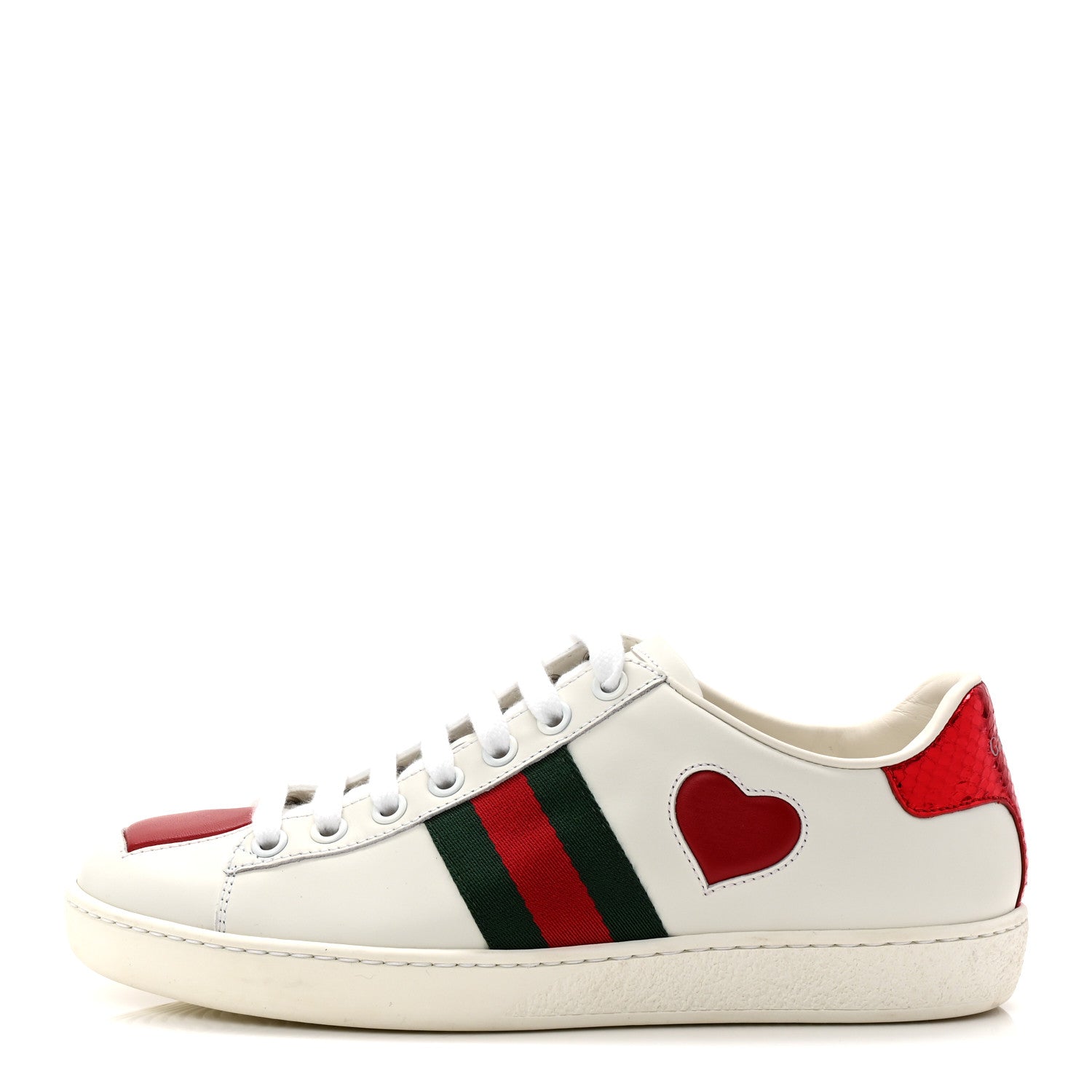 ace♡ Gucci Calfskin Web Heart Embroidered Womens Ace Sneakers 35 White