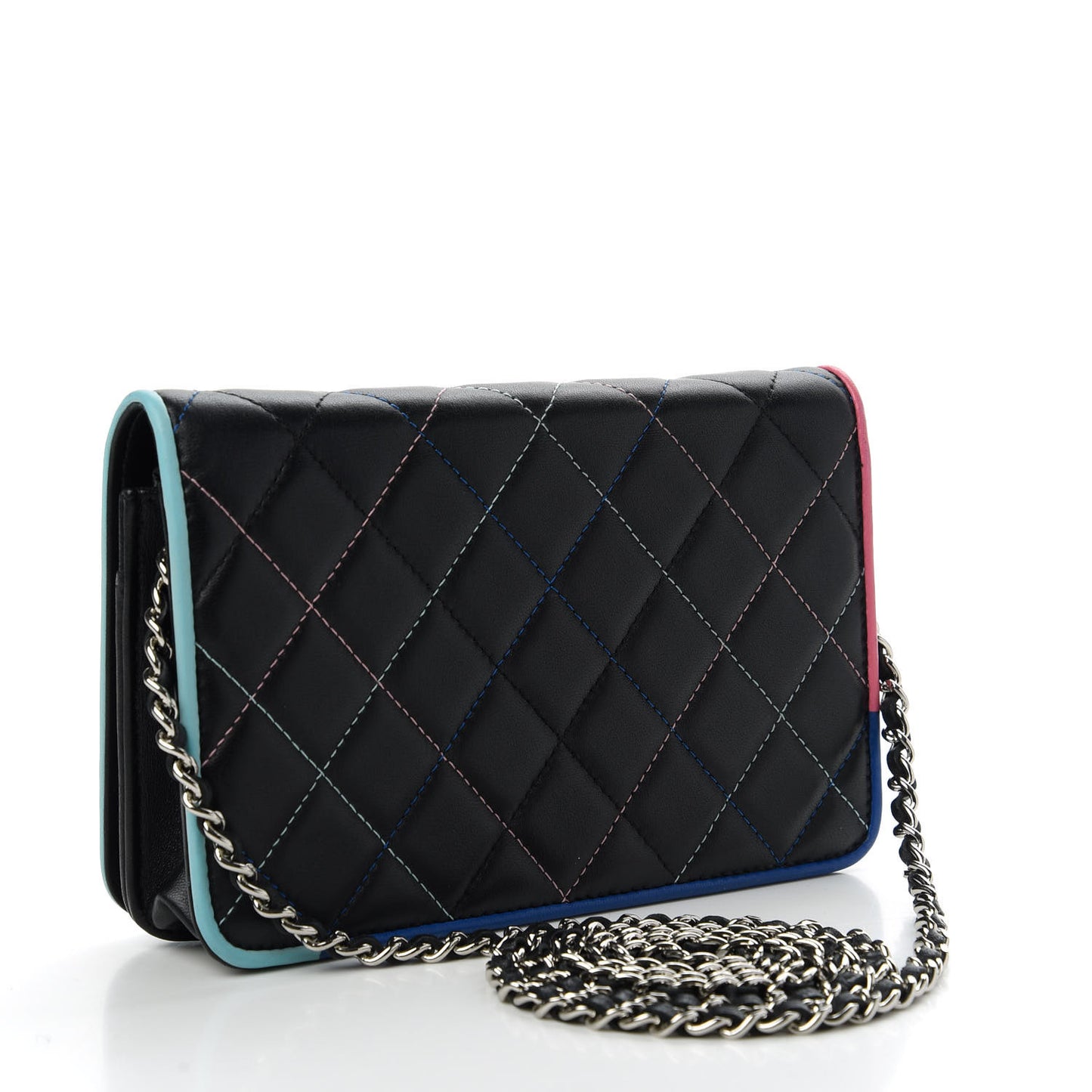 Lambskin Quilted Wallet On Chain WOC Black Pink Light Blue