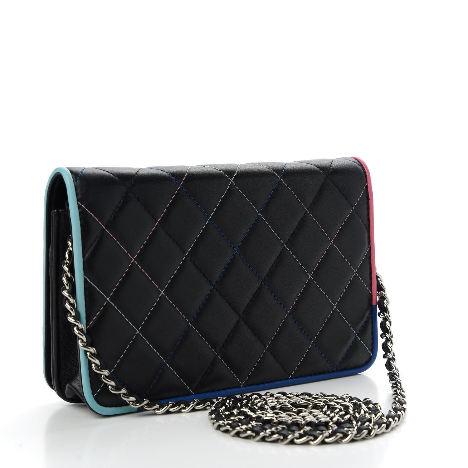 Chanel Lambskin Quilted Wallet On Chain WOC Black Pink Light Blue 3 of 12