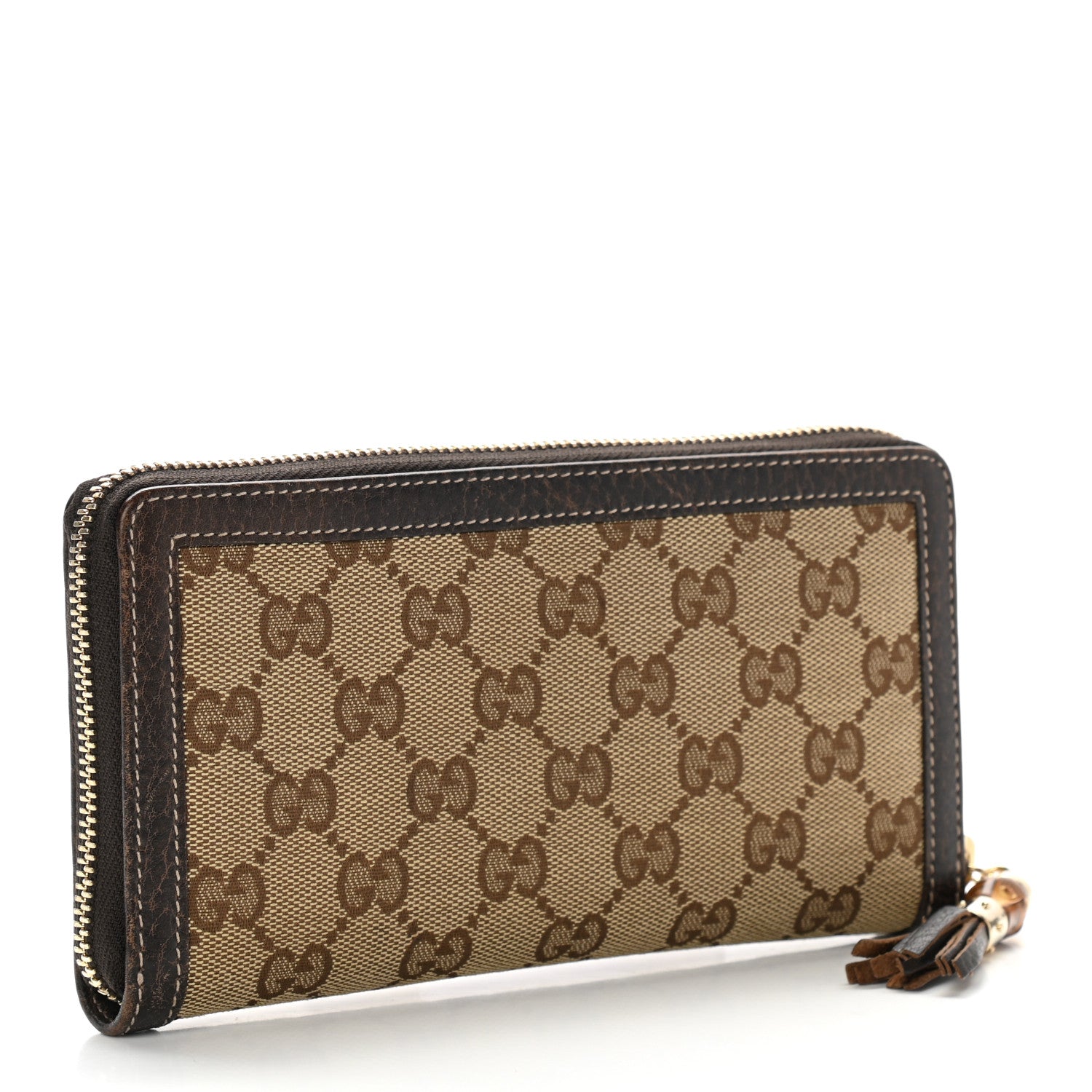 Gucci Monogram Calfskin Bamboo Tassel Zip Around Wallet Beige Ebony Chocolate 3 of 8