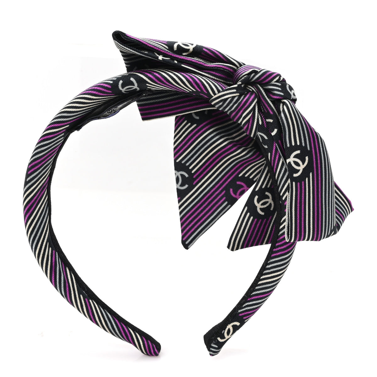 Chanel Silk Striped Bow CC Headband Black Fuchsia Grey Ecru 3 of 6