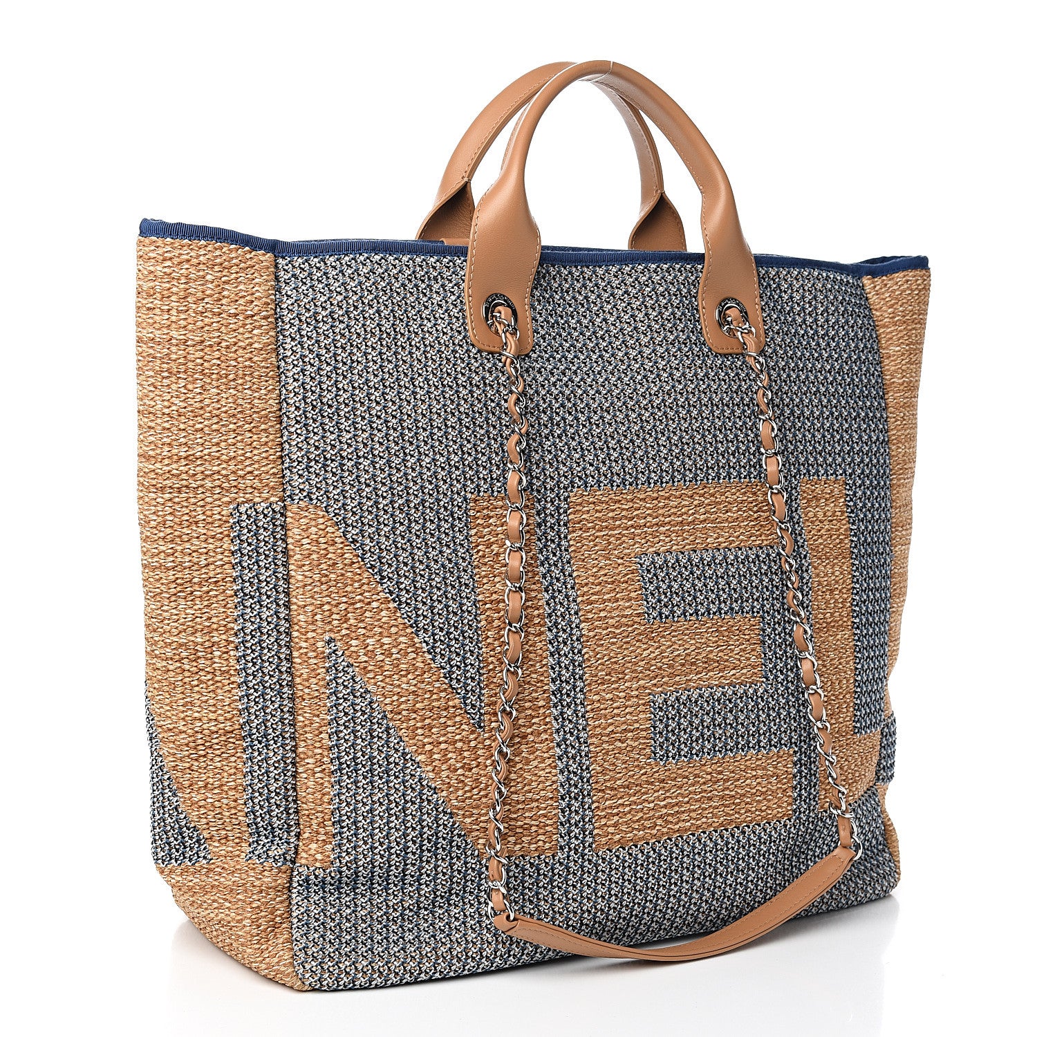 Chanel Mixed Fibers Large Shopping Bag Blue Beige 2 of 9