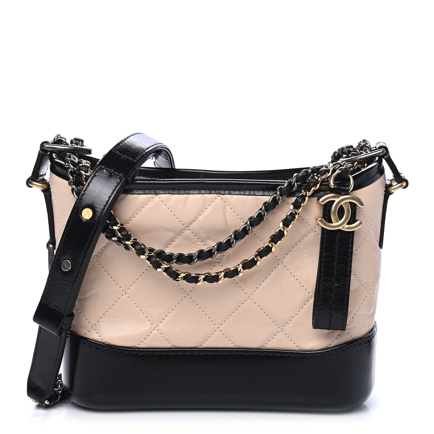 Chanel Aged Calfskin Quilted Small Gabrielle Hobo Beige Black 1 of 4