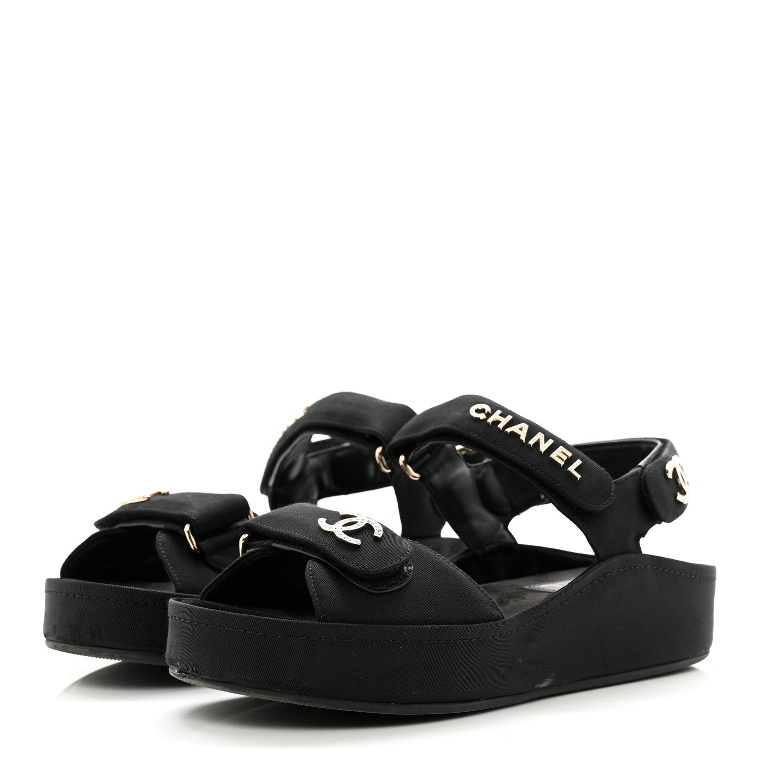 Chanel Grosgrain Crystal Logo Platform Sandals 38 Black 3 of 10