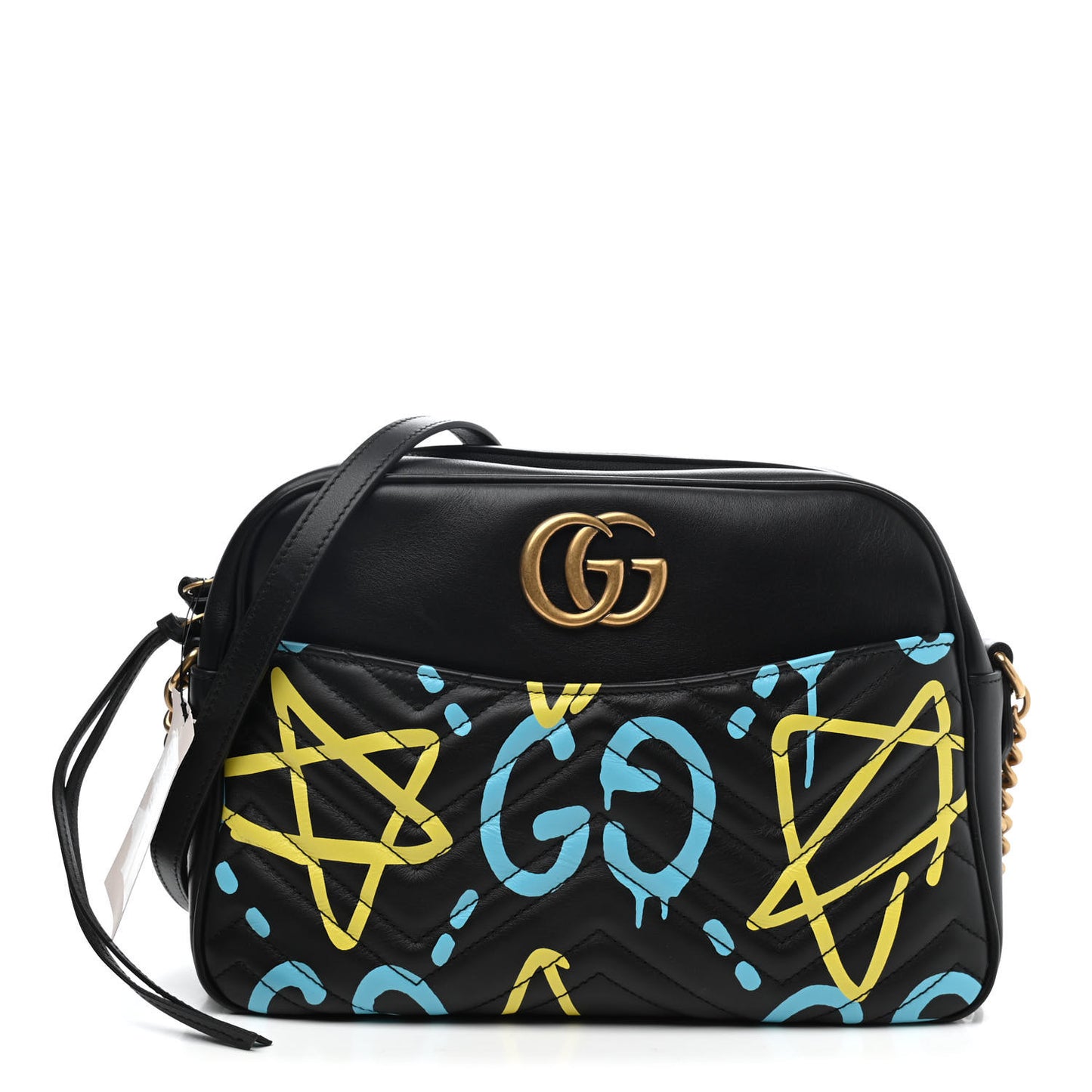 Calfskin Matelasse GucciGhost Medium GG Marmont Chain Shoulder Bag Black New Acquamarine