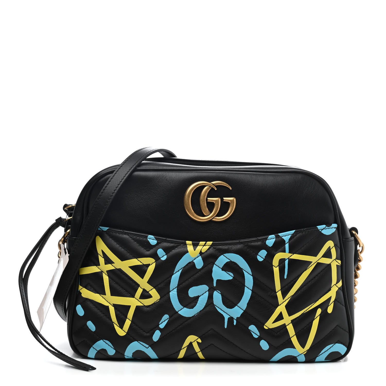 Gucci Calfskin Matelasse GucciGhost Medium GG Marmont Chain Shoulder Bag Black New Acquamarine 1 of 4