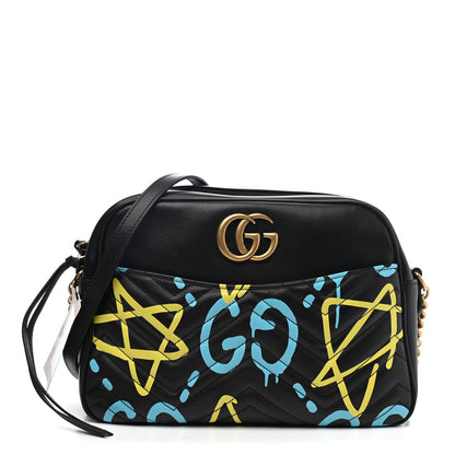 Gucci Calfskin Matelasse GucciGhost Medium GG Marmont Chain Shoulder Bag Black New Acquamarine 1 of 4