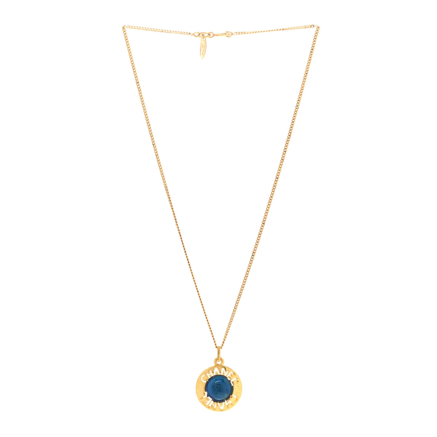 Metal Gripoix Poured Glass Pendant Necklace Gold Blue