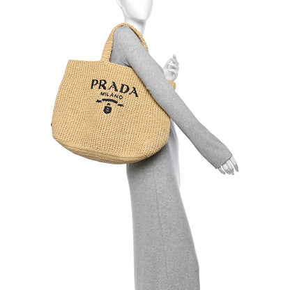 Prada Yarn Raffia Effect Crochet Embroidered Logo Tote Naturale 2 of 9