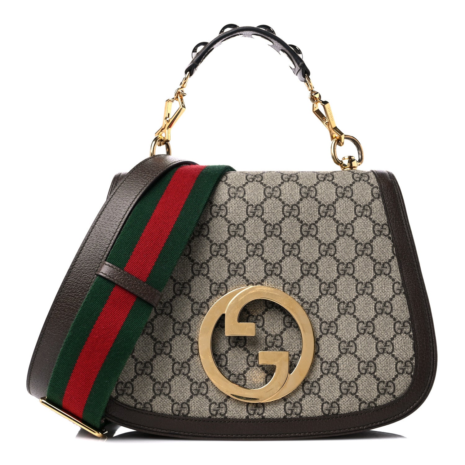 Gucci GG Supreme Monogram Textured Dollar Calfskin Web Medium Blondie Top Handle Shoulder Flap Bag Beige Ebony New Acero 1 of 14