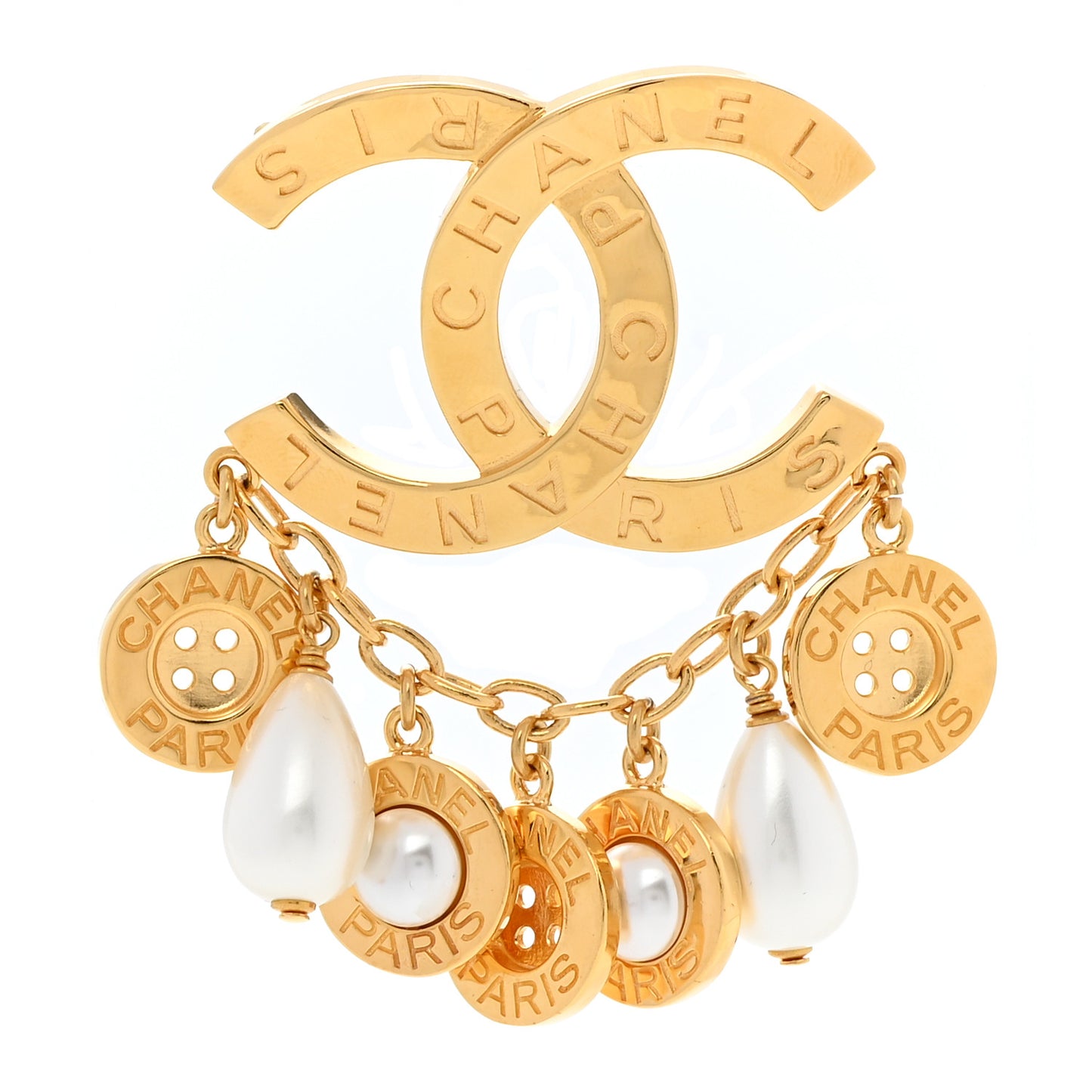 Metal Pearl Paris Button CC Large Brooch Gold