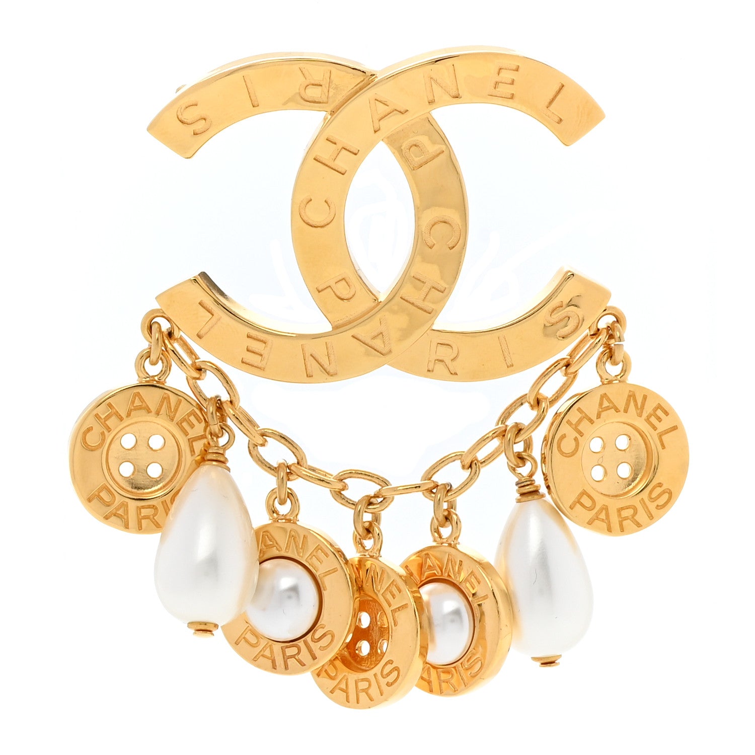 Chanel Metal Pearl Paris Button CC Large Brooch Gold 1 of 5