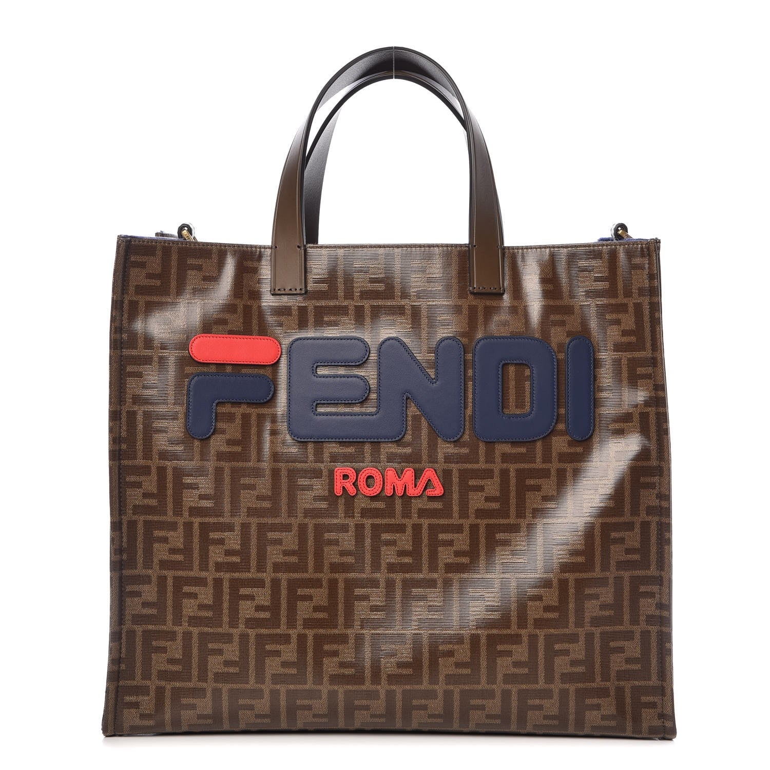 Fendi X FILA Glazed Fabric FF 1974 Mania Shopping Tote Bag Mogano Panna Blueberry 1 of 7